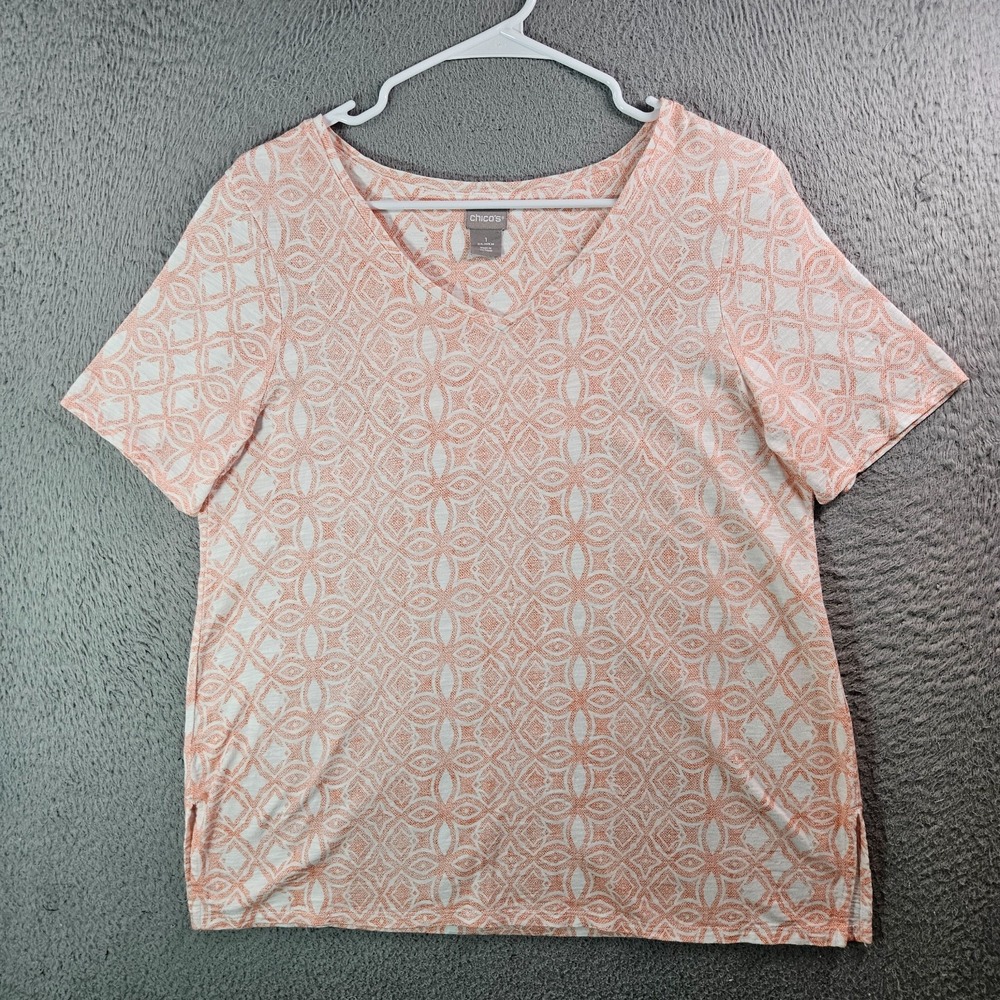 Chico's Tee top Women Size 1 Medium Geometric Print Short Sleeve White Orange